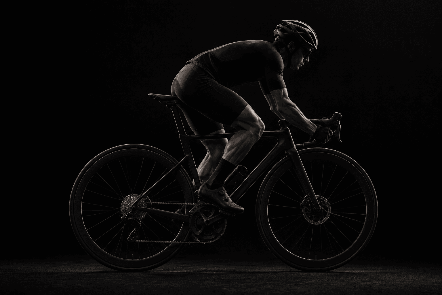 A cyclist on a road bike, seen from the side in a riding position.